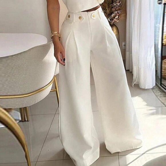 Pants - White Boho Women's Casual Solid Color Pleated Wide Leg Pants